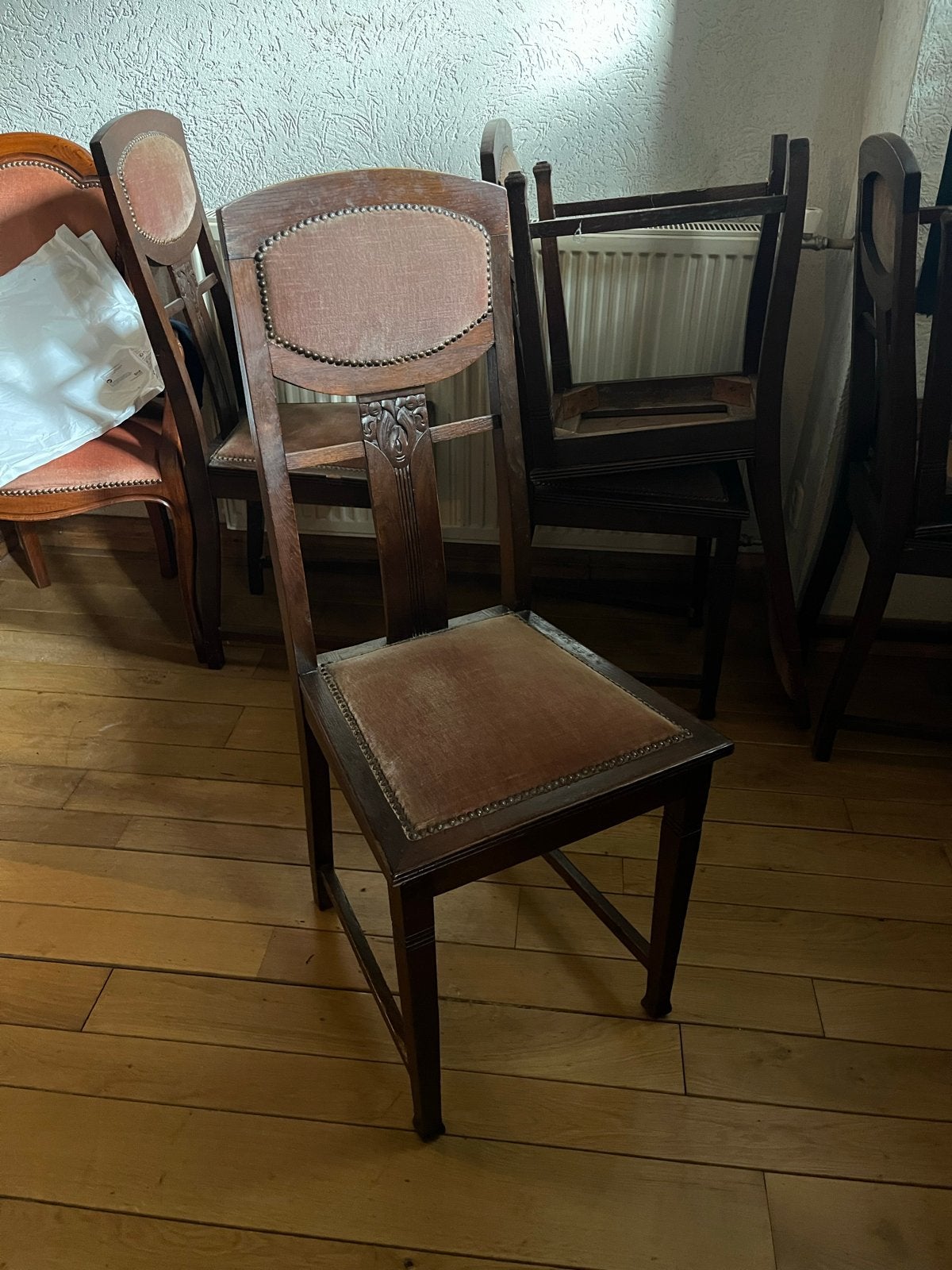 Houten stoelen met stoffen bekleding (set van 6), Ophalen