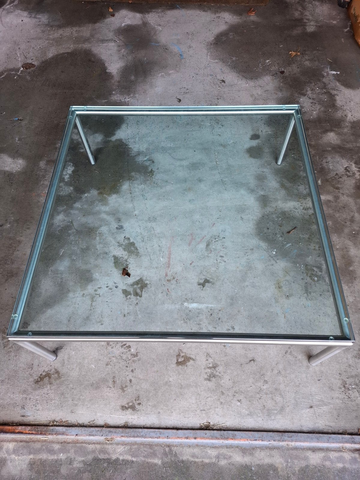 Salontafel.Glas en Chroom, 1x1 mtr, € 50,-ZIE OOK MIJN OV.AD, Huis en Inrichting, Tafels | Salontafels, Ophalen, 100 tot 150 cm