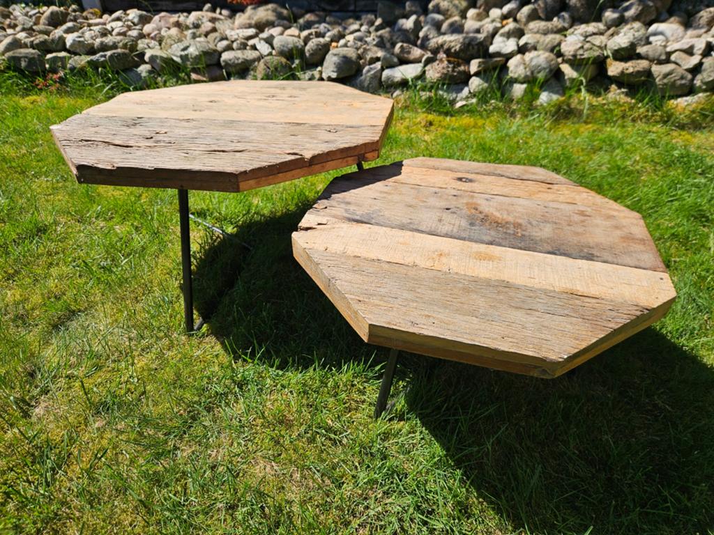 Salontafels van oud drijfhout met ijzeren onderstel, Huis en Inrichting, Tafels | Bijzettafels, Gebruikt, Overige vormen, 55 tot 75 cm