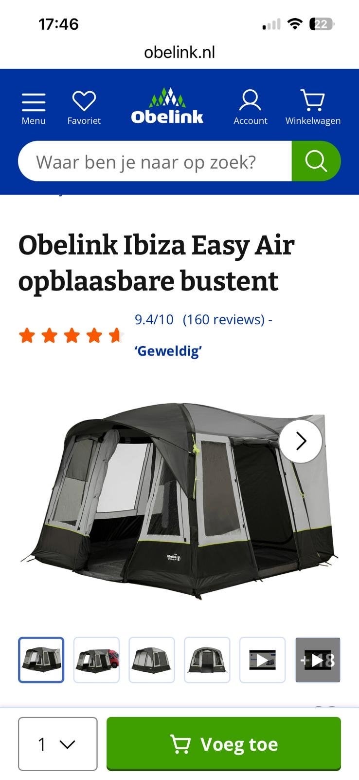 Z.G.A.N Obelink Ibiza Easy Air opblaasbare bustent, Ophalen, Zo goed als nieuw, Tot en met 4