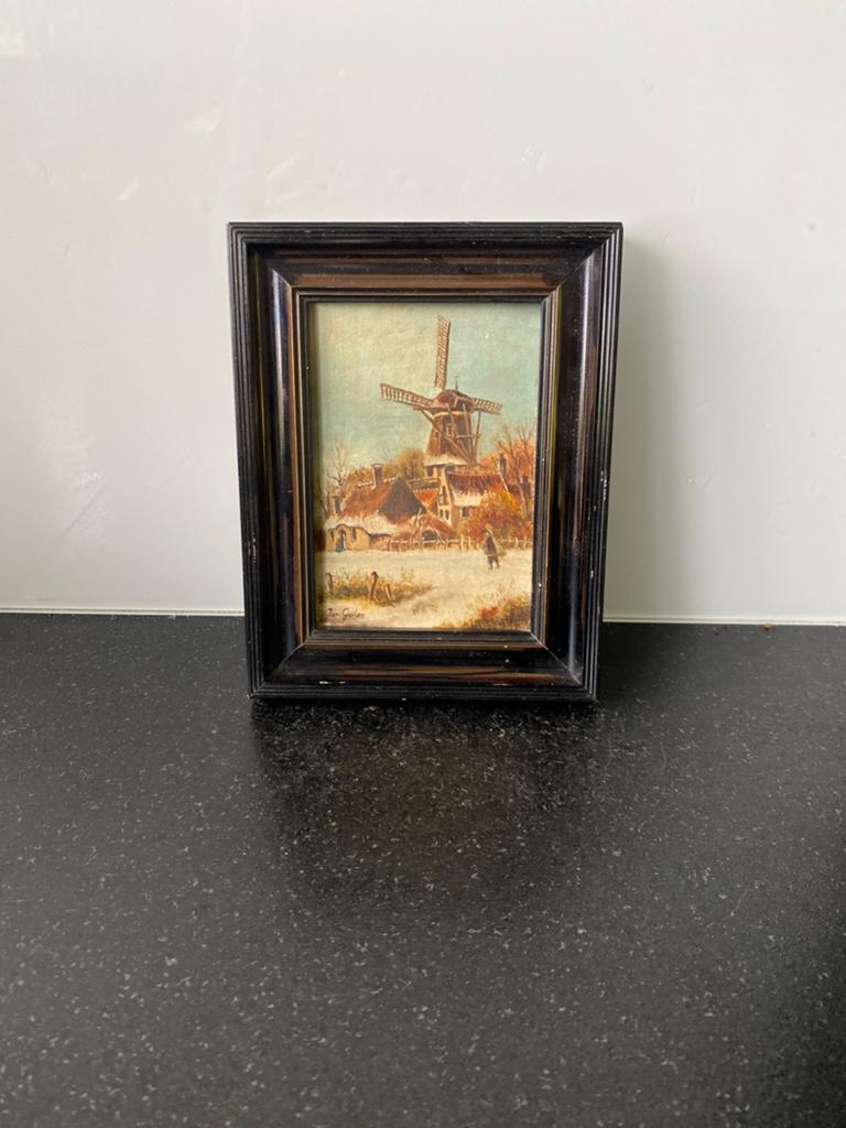 Oud Hollands Tafereel:Molen in Winterlandschap Schilderijtje, Antiek en Kunst, Kunst | Schilderijen | Klassiek, Ophalen of Verzenden