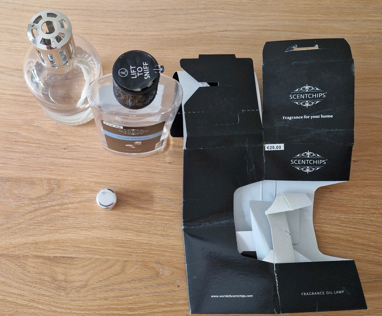 Scentchips geurolie lamp met fles fresh cotton, Ophalen of Verzenden, Zo goed als nieuw, Glas, Wit