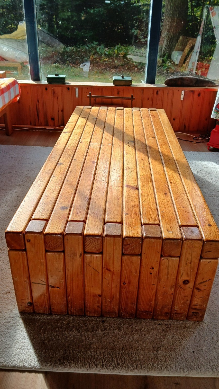 Robuuste houten salontafel - 145x60x33 cm, Ophalen, Gebruikt, 100 tot 150 cm, 50 tot 100 cm