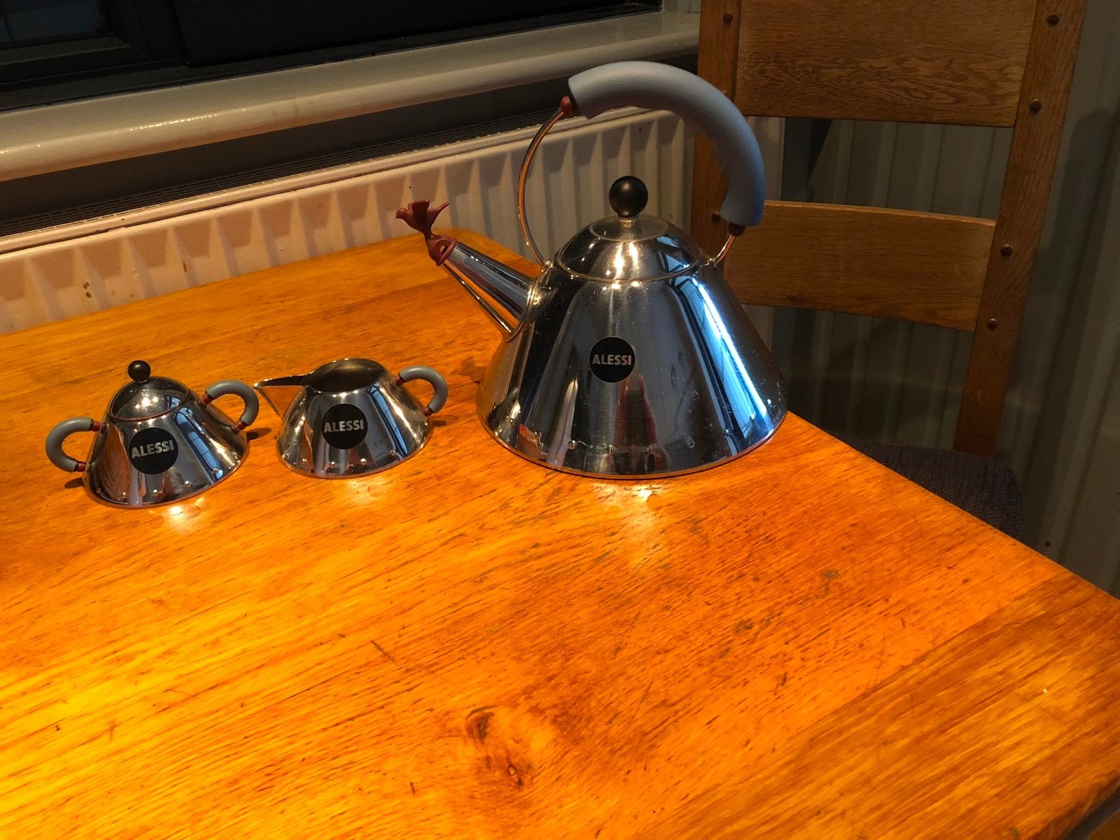 Alessi fluitketel en suiker- en melkset, Theepot/fluitketel, Gebruikt, Zilver, Ophalen of Verzenden