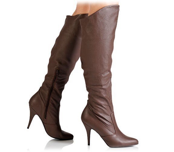 PLEASER VANITY-2013 Bruine Leren Knie Laarzen Mt. 39 *ZGAN*, Hoge laarzen, Bruin, Pleaser, Ophalen of Verzenden