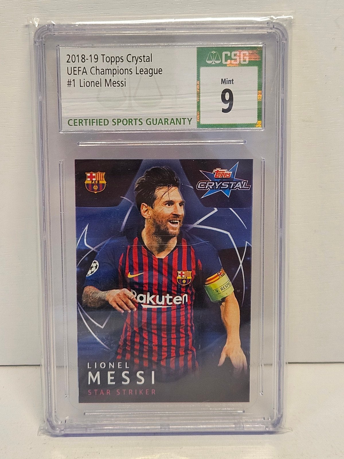 Lionel Messi Topps Crystal UEFA Champions League CSG 9 Mint, Ophalen of Verzenden, Zo goed als nieuw, Buitenlandse clubs, Spelerskaart