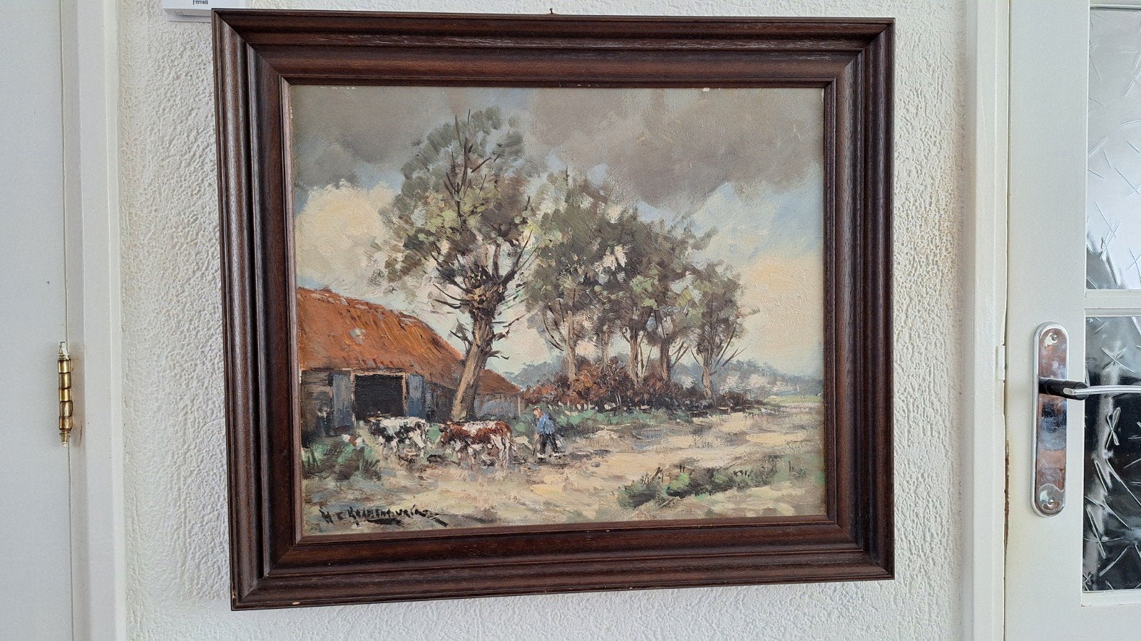 Schilderij Boerderij Landschap met Vee en Boer, Doek, Realistisch, Ophalen of Verzenden, Gesigneerd