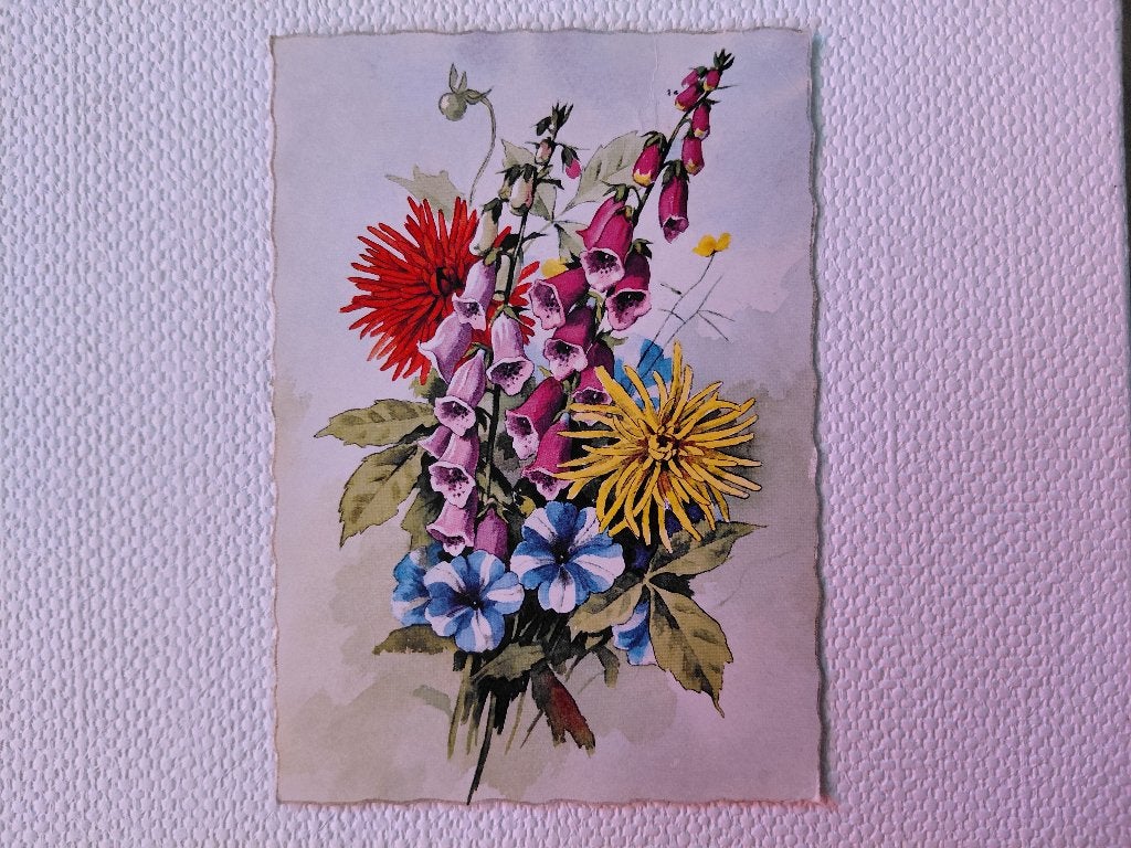 boeket bloemen, Krüger kaart, vingerhoedskruid/ Dahlia's, Verzenden, 1960 tot 1980, Gelopen
