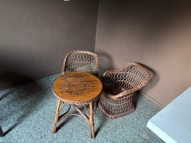 Vintage Rotan Kinderset – Ronde Tafel + 2 Stoeltjes, Ophalen, Gebruikt, Tafel(s) en Stoel(en)