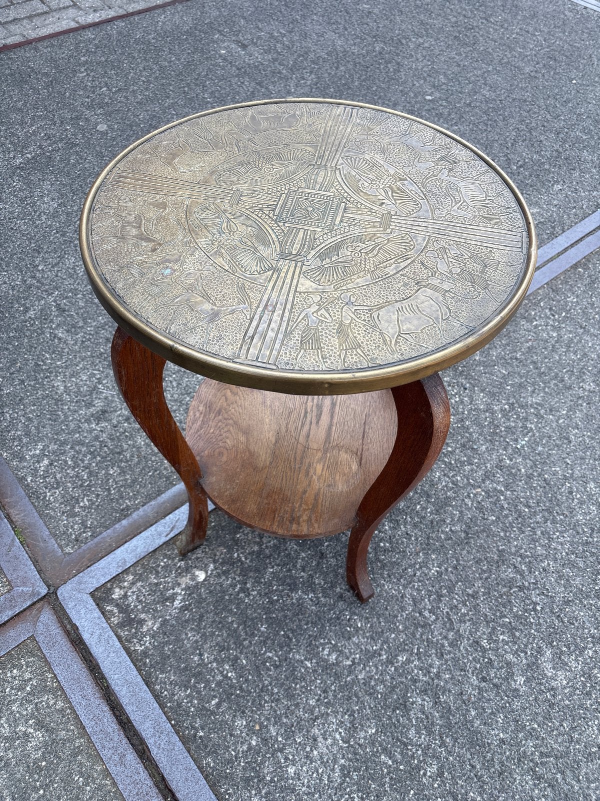 Antieke bijzettafel met messing blad, Ophalen