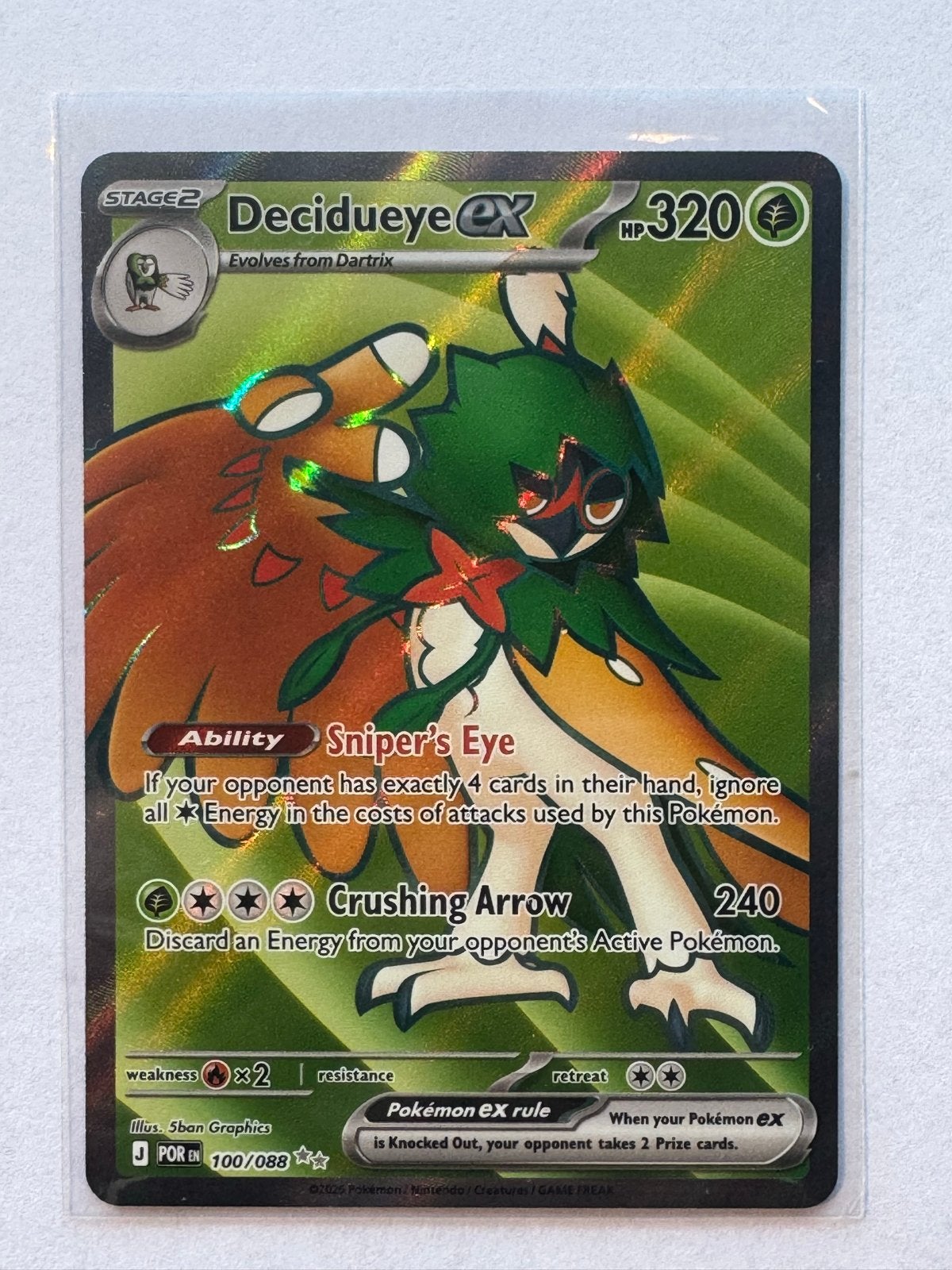 Pokémon Kaart Decidueye EX 100/088 Foil, Ophalen of Verzenden, Zo goed als nieuw, Losse kaart, Foil