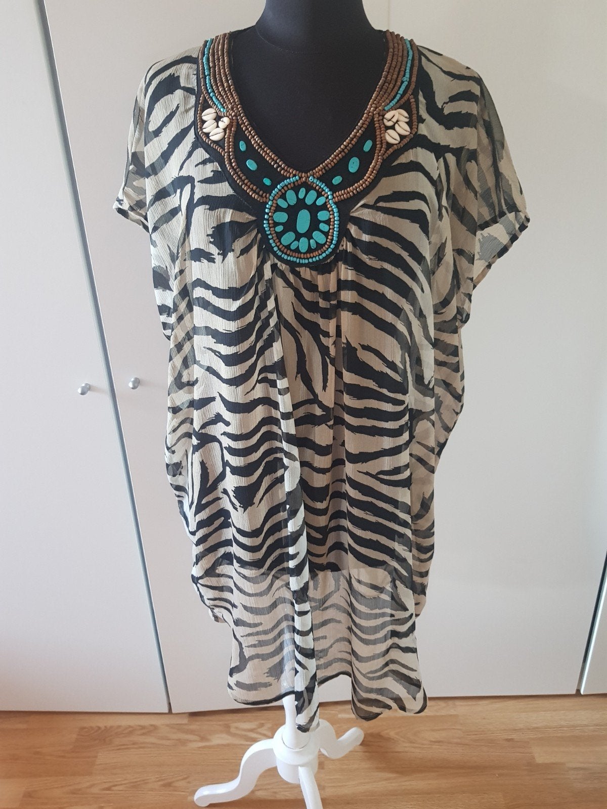 H&M strandtuniek/kaftan met dierenprint & kralen, H&M, Bruin, Ophalen of Verzenden, Zo goed als nieuw