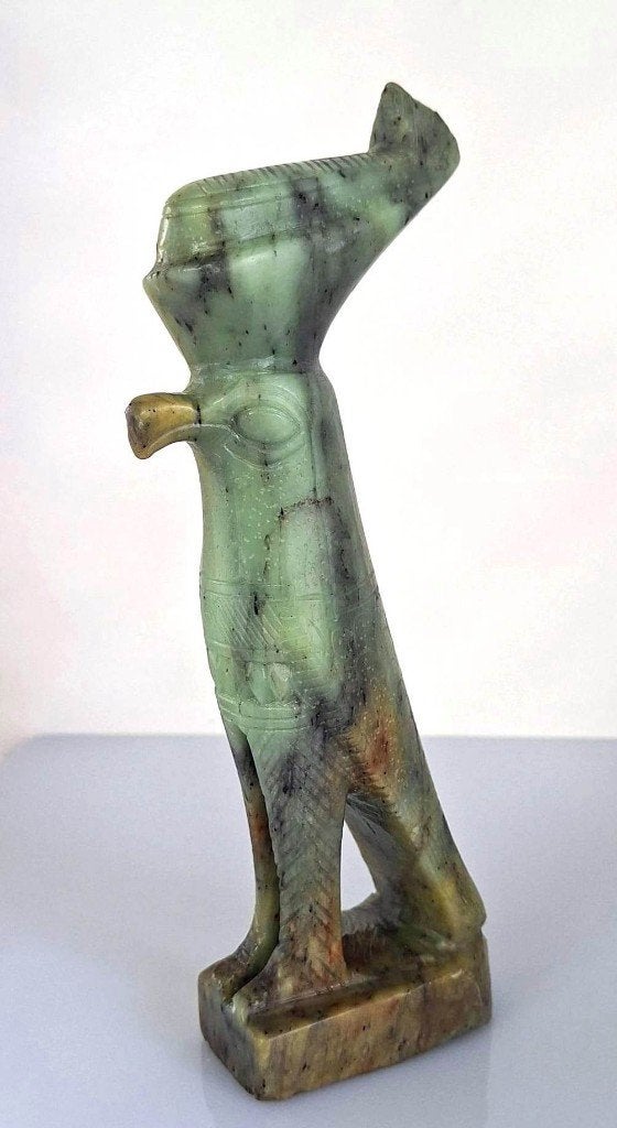 Prachtig Groen Natuurstenen Beeld Egypte Valk God Horus, Ophalen of Verzenden