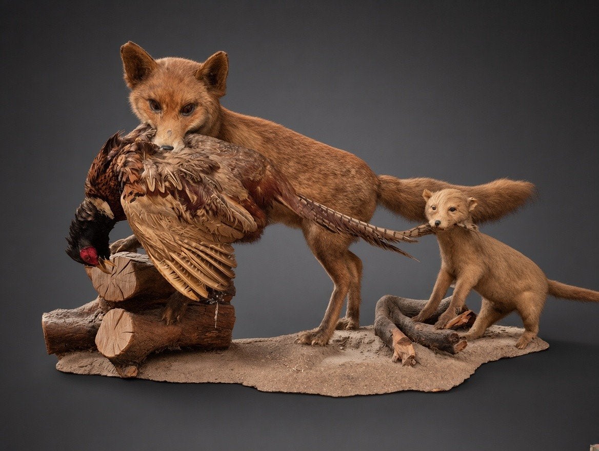 Prachtige Diorama Vos Met Jong & Fazant Taxidermie Opgezet, Ophalen, Wild dier, Opgezet dier