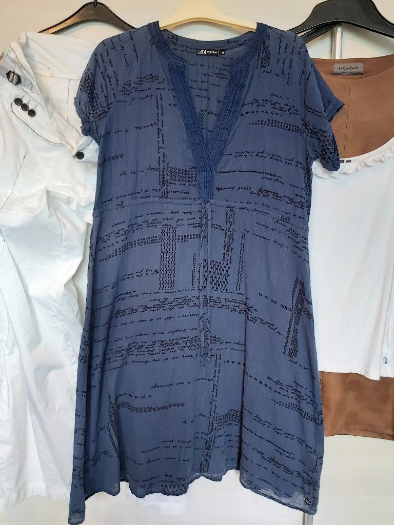 Linnen look katoenen V hals jurk marineblauw DIDI 38 40 42, Maat 38/40 (M), Zo goed als nieuw, Onder de knie, Verzenden