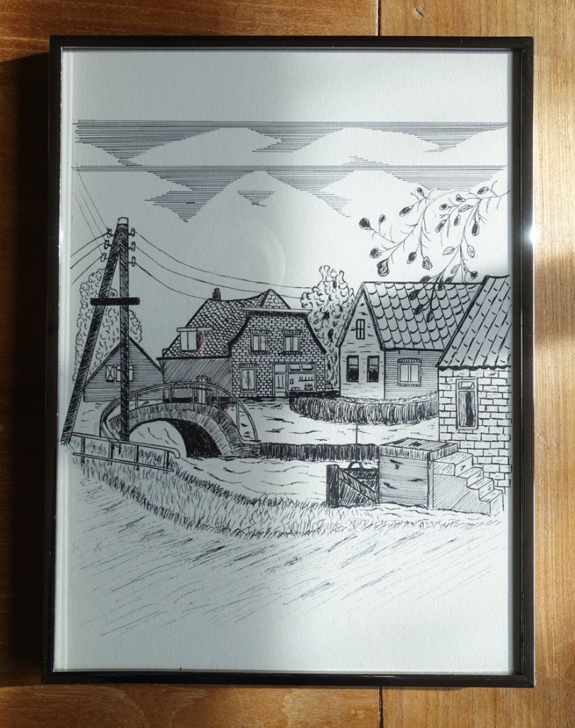 zwart wit schilderij (pentekening) in zilverkleurige lijst, Ophalen of Verzenden, Ingelijst, Overige technieken, Landschap