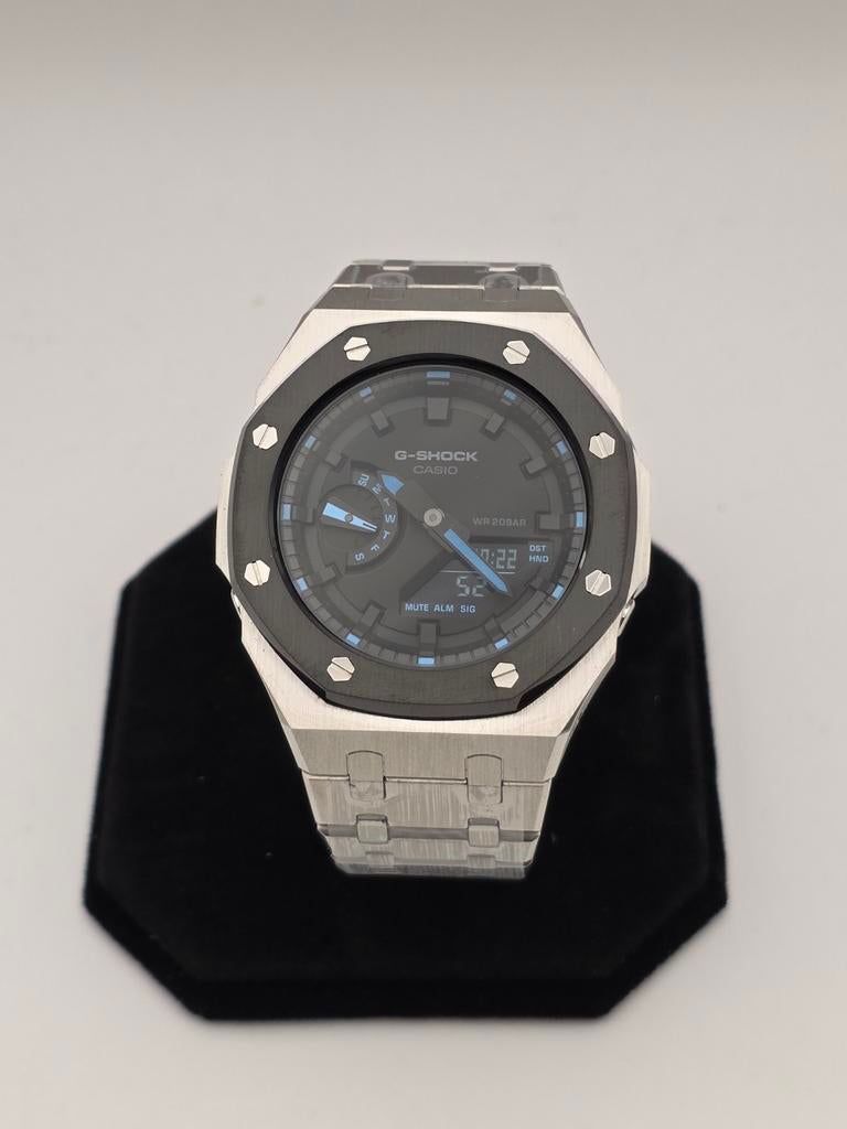 G Shock GA-2100 custom casioak AP look zilver/zwart/blauw, Ophalen of Verzenden, Nieuw, Zilver, Casio G-Shock