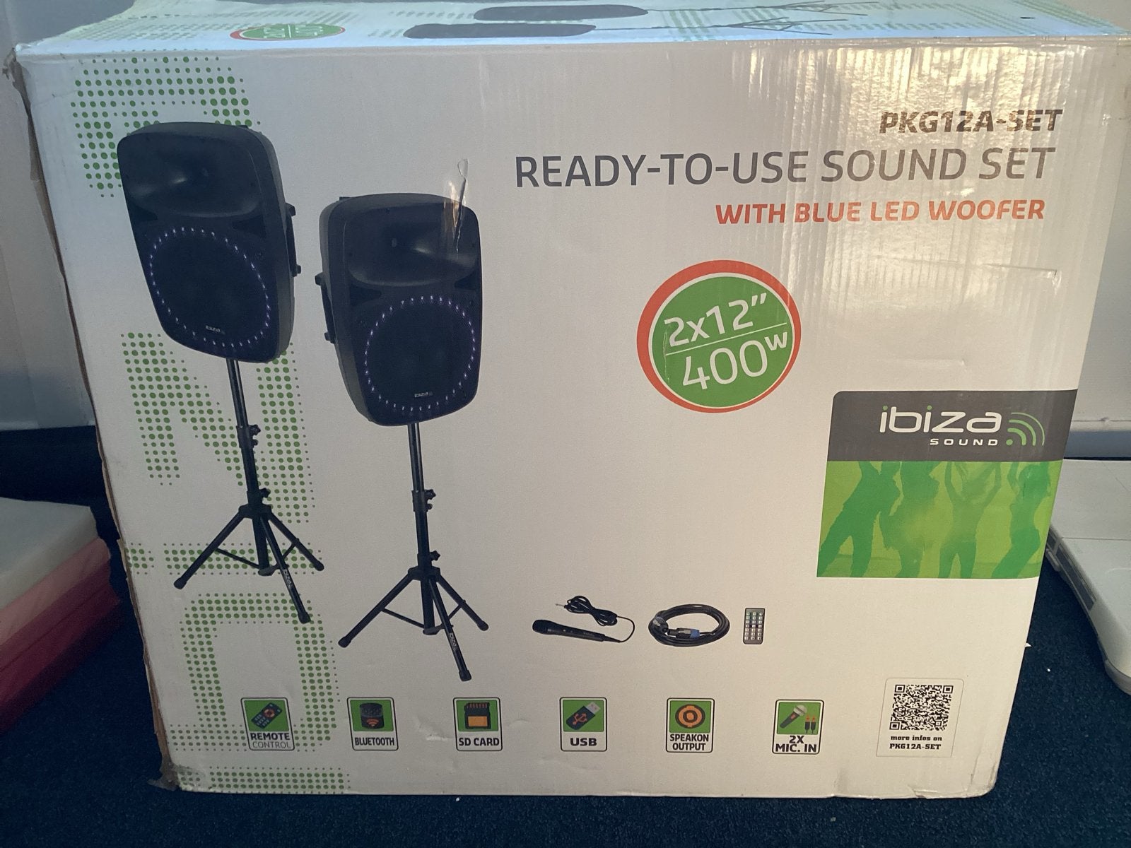 Ibiza Sound PKG12A-SET Party Speakerset met LED Woofer, Party speaker, Zo goed als nieuw, Afstandsbediening, Ophalen