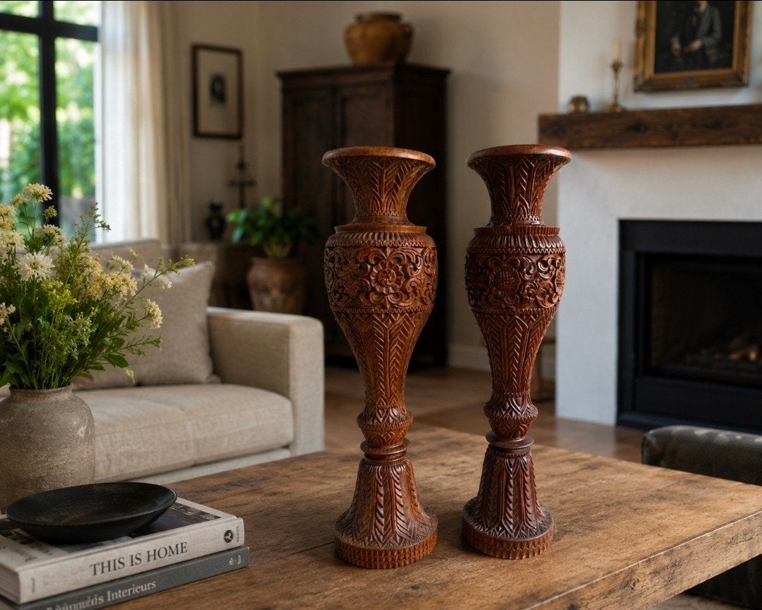 Set van 2 handgesneden massief houten vazen - 76 cm, Ophalen