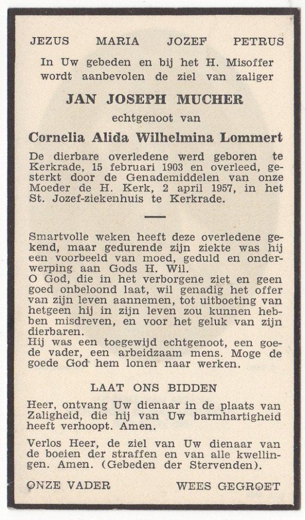 Jan Joseph Mucher 1903 - 1957 Kerkrade, 54 jaar, Verzenden