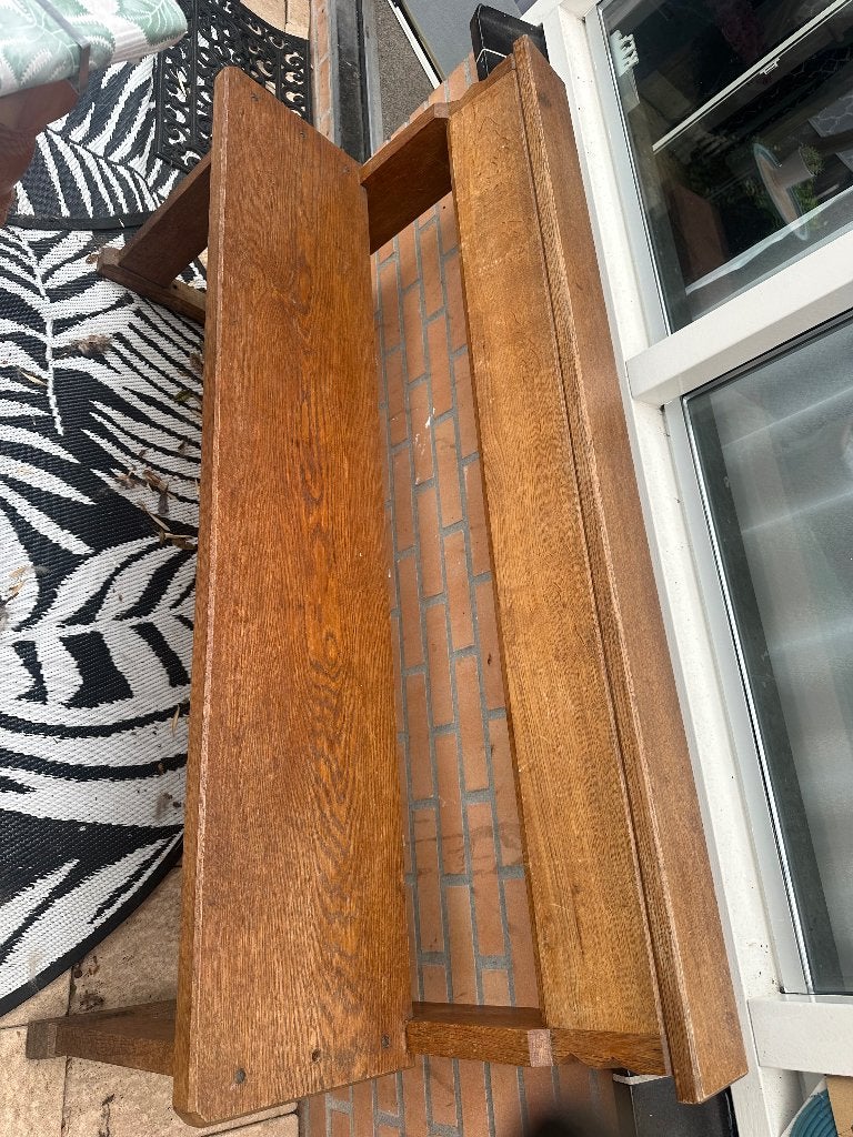 Antieke houten schoolbank / halbankje met originele tassenh, Ophalen