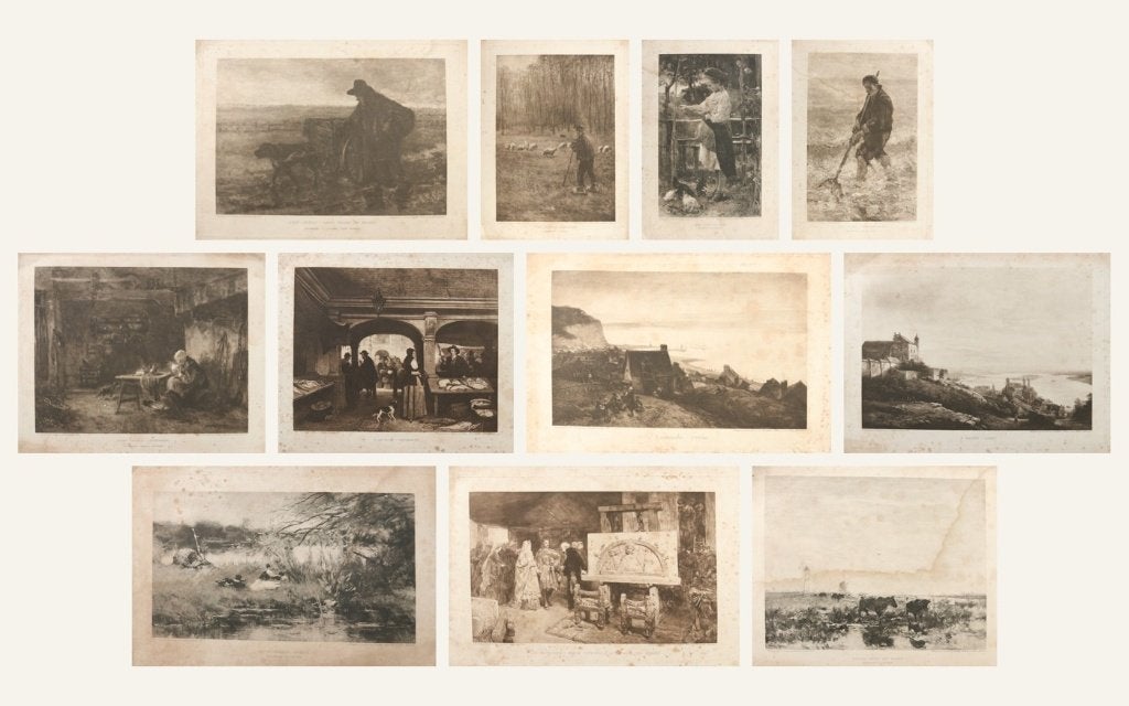 11 fotogravures Haagse School, wabi-sabi prenten 1907-1912, Antiek en Kunst, Ophalen, Dagelijks leven, Met tekst, Overige technieken
