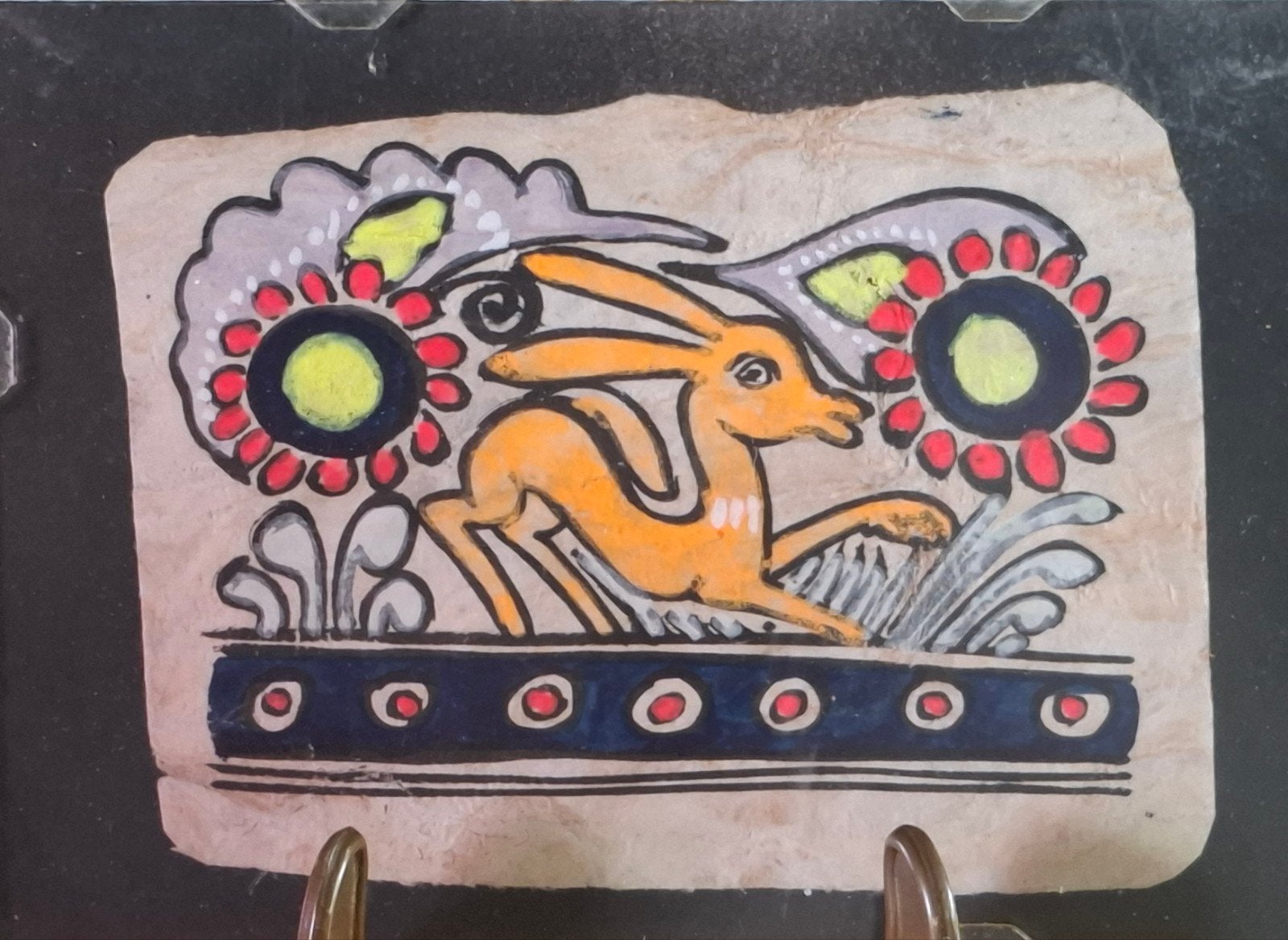 MADHUBANI (India).Schilderijtje op scheppapier. Miniatuur., Schilderij, India, Ophalen of Verzenden, Papier/karton