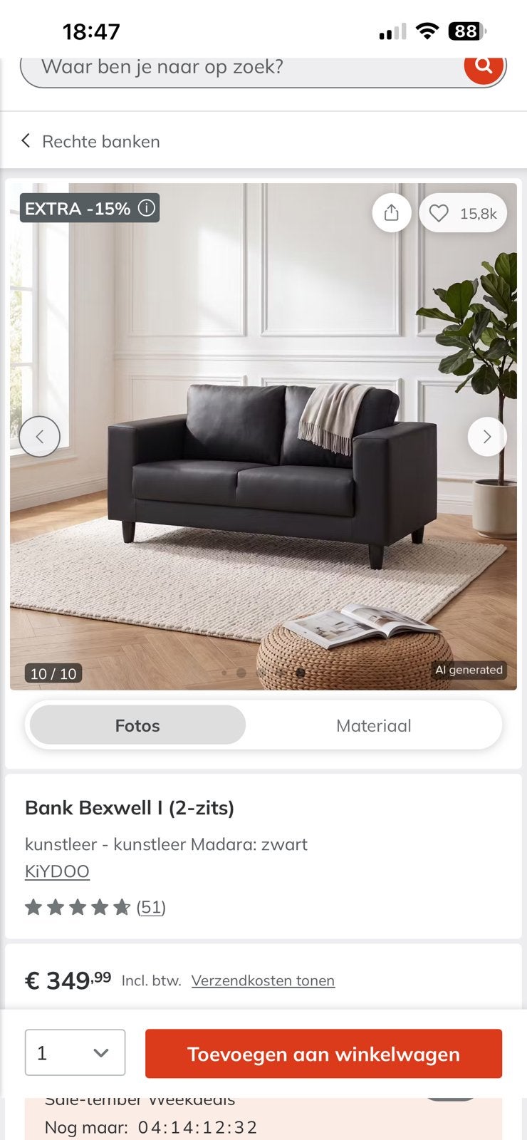 Klein zwart bankje, Ophalen, Gebruikt, Tweepersoons, Minder dan 150 cm