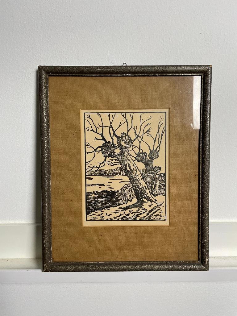 Houtsnede - Knotwilg in sneeuwlandschap _ H. de Koning, 18 cm, Ingelijst, Ophalen of Verzenden, Houtsnede