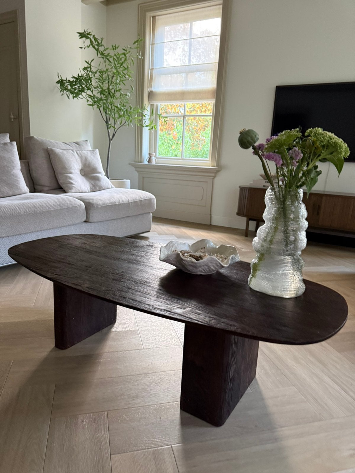 PTMD Salontafel Japandi Organisch donker walnoot hout, Gebruikt, 100 tot 150 cm, Rechthoekig, 50 tot 100 cm