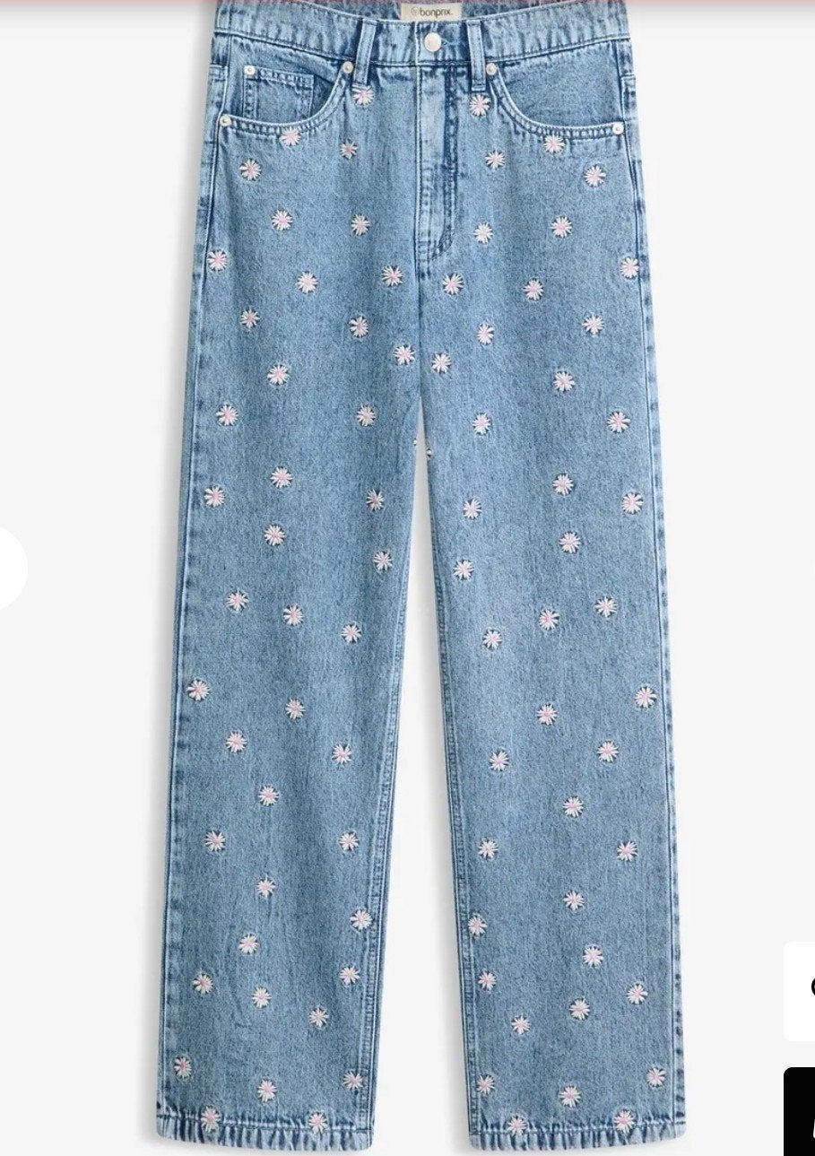Gebloemde highwaist Bonprix jeans 44, Kleding | Dames, Spijkerbroeken en Jeans, Bonprix, Blauw, Ophalen of Verzenden, Zo goed als nieuw