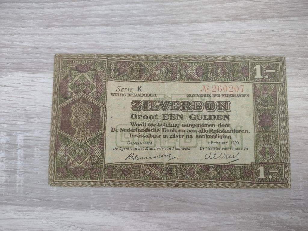 Mooi biljet 1 gulden 1920, zilverbon van het oude type, Ophalen of Verzenden, 1 gulden
