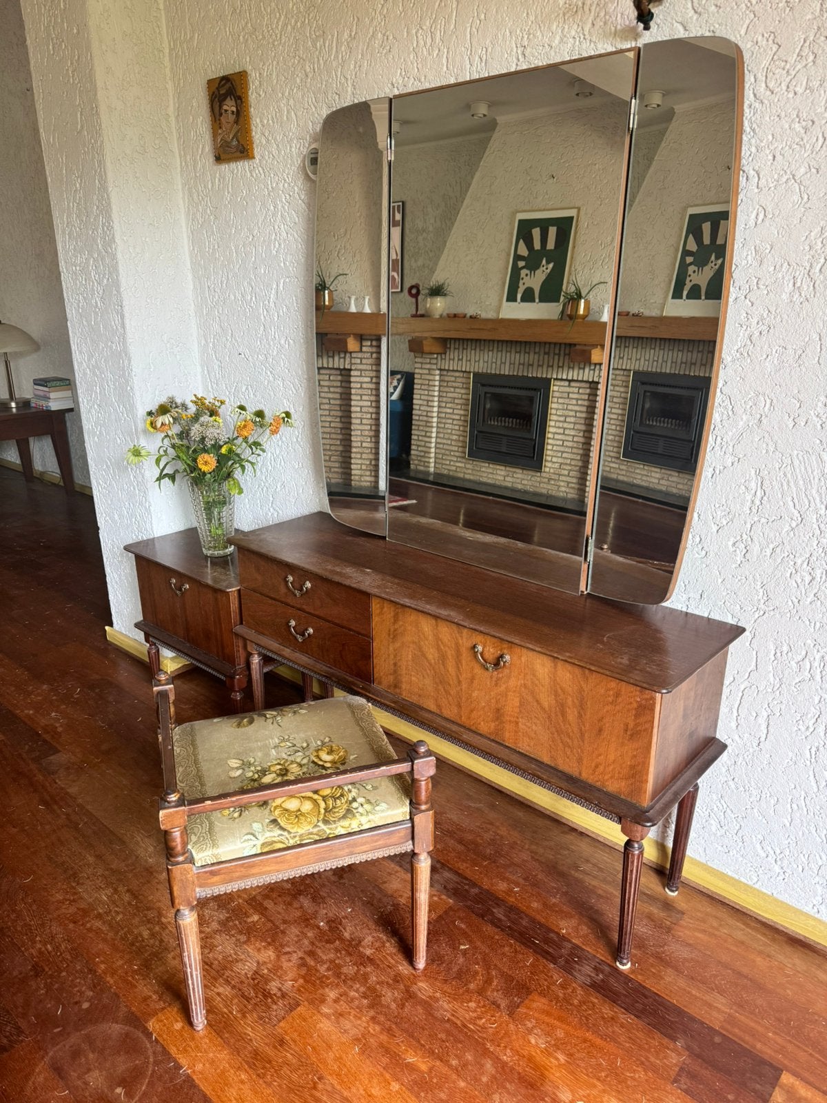Retro/vintage kaptafel met 3-luik spiegel, Huis en Inrichting, Tafels | Kaptafels, Ophalen, Zo goed als nieuw, 100 tot 150 cm