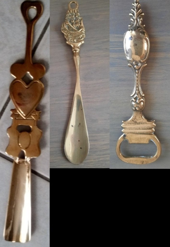2 schoenlepels + flessenopener van koper / messing, Antiek en Kunst, Ophalen of Verzenden