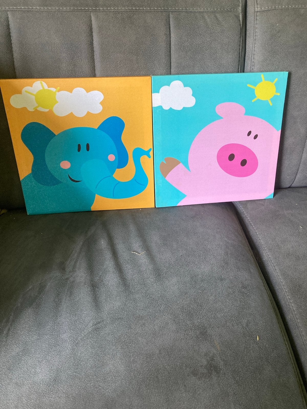 Leuke kinder canvas schilderijen: Olifant en Varken, Minder dan 50 cm, Ophalen of Verzenden, Zo goed als nieuw, Schilderij