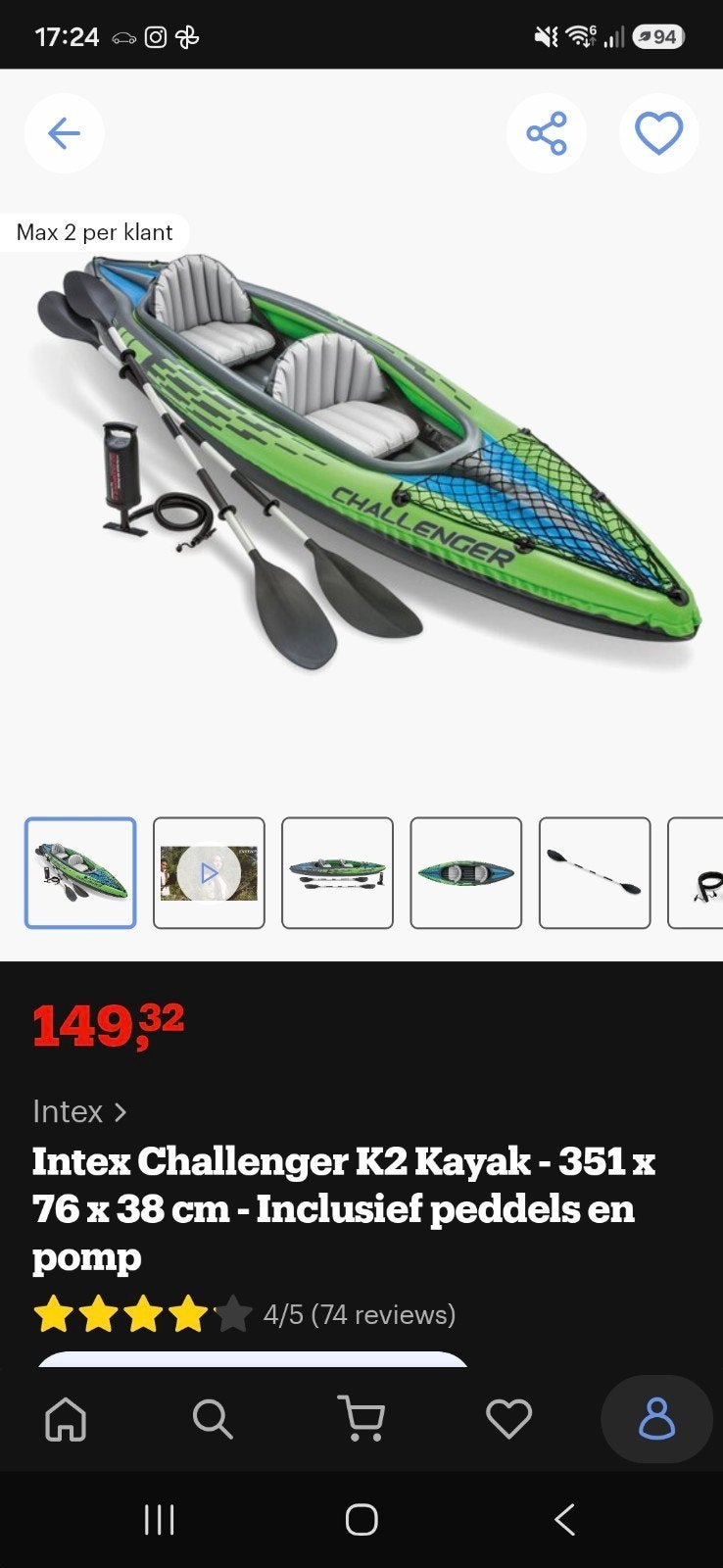 Intex Challenger K2 Kayak - Zo goed als nieuw, Ophalen, Zo goed als nieuw, 2-persoons