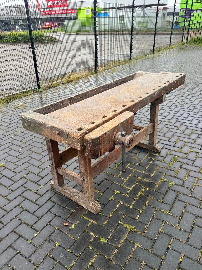 Oude Timmermans Werkbank met Houten Schroefdraad Spillen, Ophalen of Verzenden, Zo goed als nieuw, 170 cm of meer, Bankschroef