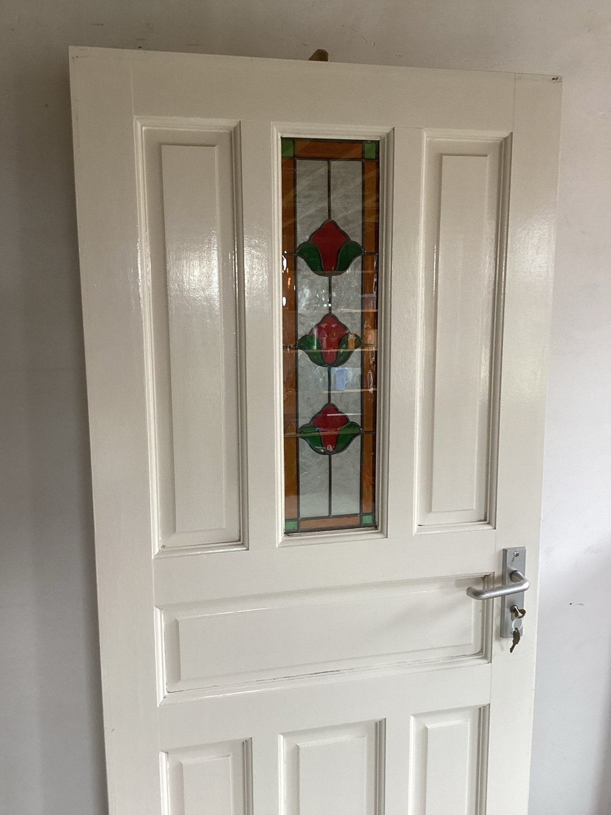 Merbau deur met glas in lood, 201,5 x 88 cm, Ophalen, Gebruikt, 80 tot 100 cm, Binnendeur