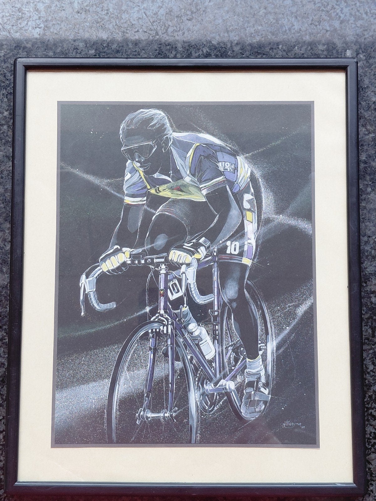 Sean Kelly Wielerkunst Ingelijste Airbrush H. Wiersma (1989), Ophalen of Verzenden, Zo goed als nieuw, Overige sporten, Poster, Plaatje of Sticker