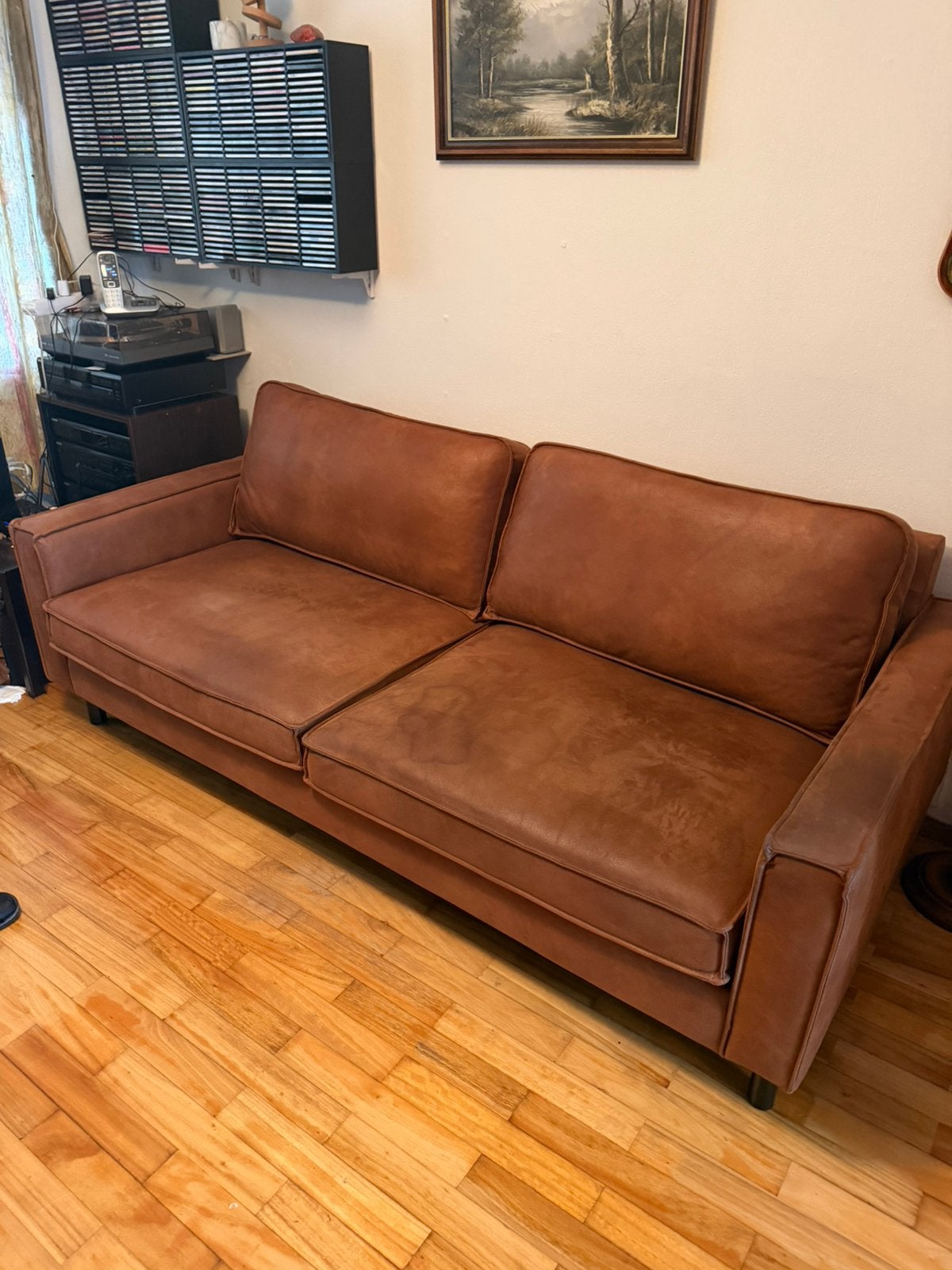Bank Pinto cognac 3 zits, Huis en Inrichting, Banken | Bankstellen, Ophalen, Zo goed als nieuw, 75 tot 100 cm, 200 tot 250 cm