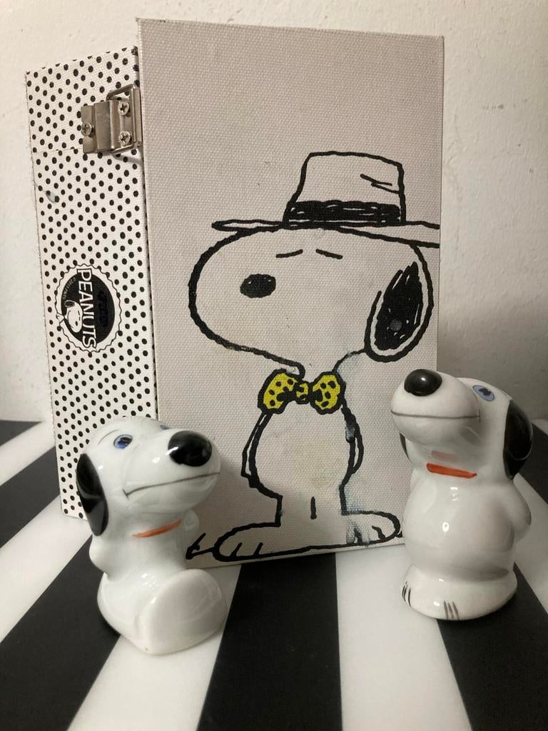 Doosje met 2 porseleinen Snoopy beeldjes, Ophalen of Verzenden, Gebruikt, Hond of Kat, Beeldje of Figuurtje