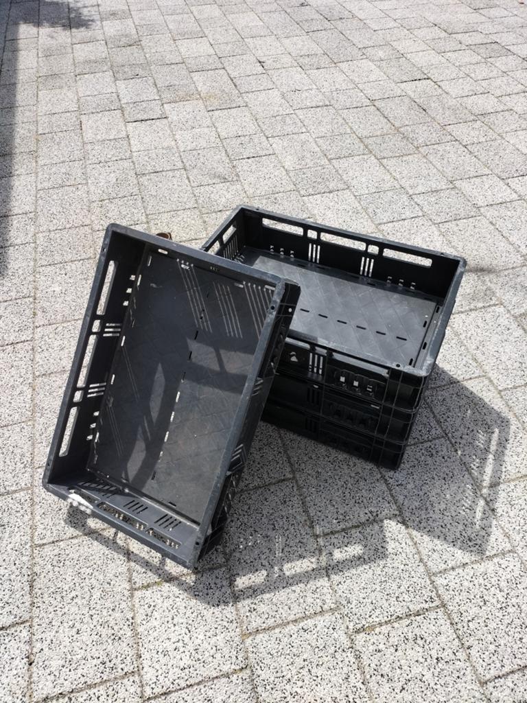 4 Zwarte kunststof kratten, ideaal voor opslag of transport, Doe-het-zelf en Verbouw, Kratten en Dozen, Gebruikt, 40 tot 60 cm