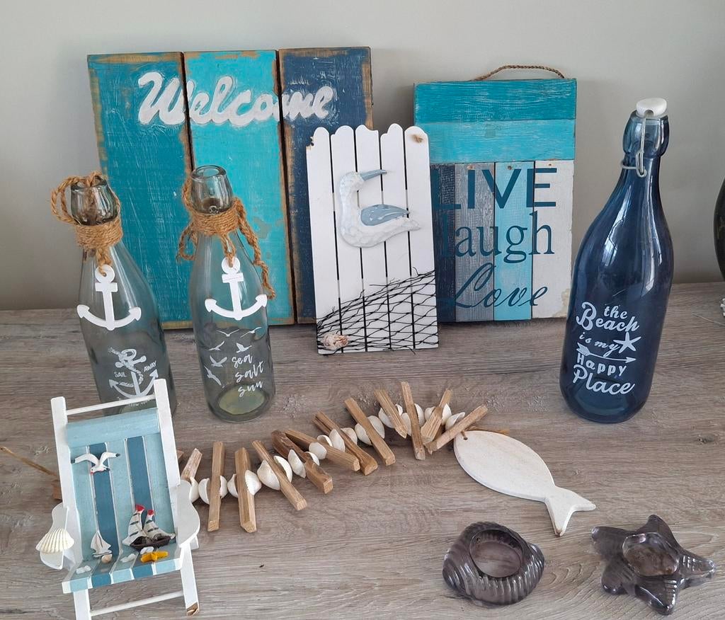 Maritieme Decoratie Set: Strandhuisje, Flessen, Vis & Meer, Huis en Inrichting, Woonaccessoires | Overige, Ophalen, Hout, Gebruikt