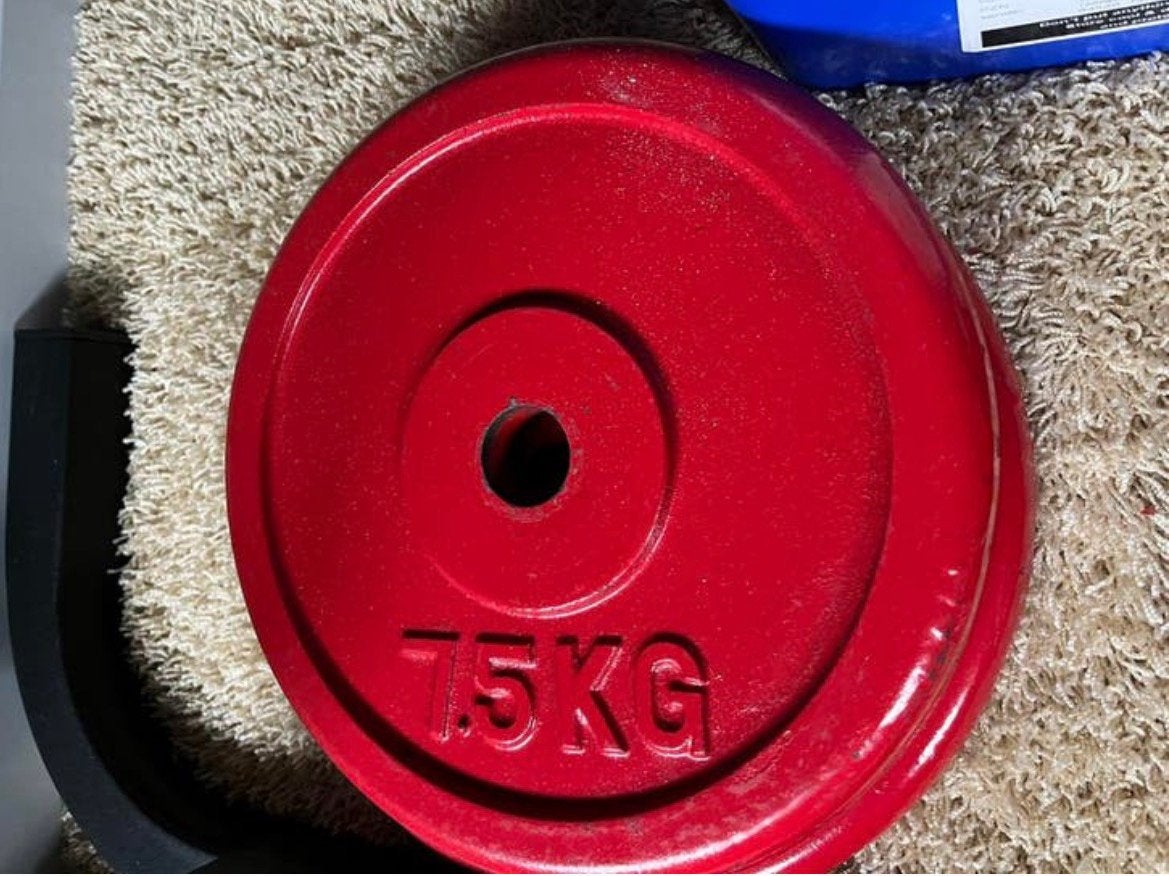 twee halterschijven ijzer rood 7,5 kg, Sport en Fitness, Fitnessmaterialen, Ophalen, Zo goed als nieuw, Halterschijven