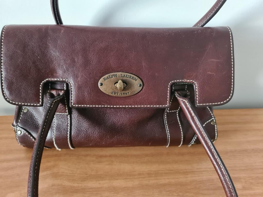 Ralph Lauren Leren Handtas - Bruin met Witte Stiksels, Ophalen of Verzenden, Zo goed als nieuw, Bruin, Schoudertasje