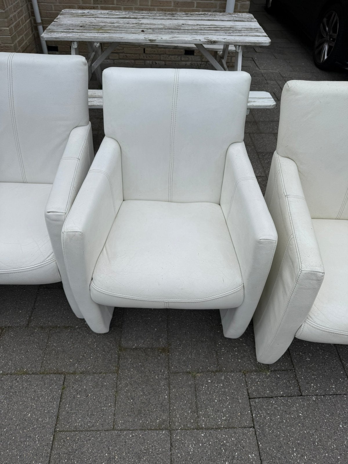 4 witte leren eetkamerstoelen, Huis en Inrichting, Stoelen, Ophalen, Zo goed als nieuw, Wit, Vier