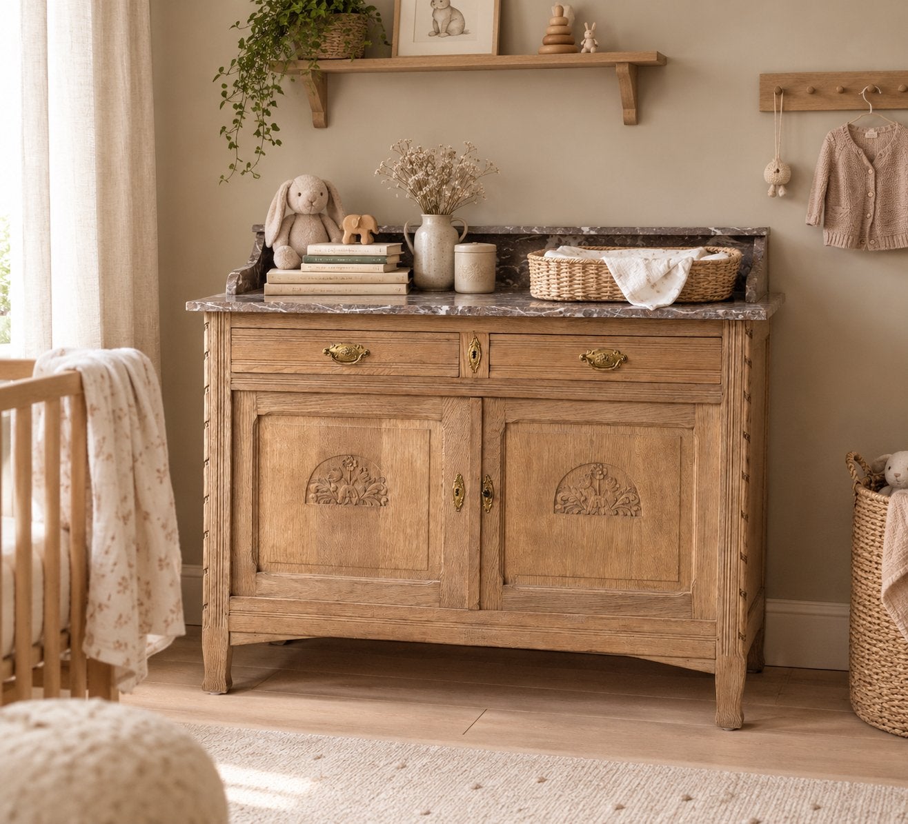 Unieke Babycommode Eikenhout Marmeren Blad vintage antiek, Gebruikt, 50 tot 70 cm, ..., 100 cm of meer