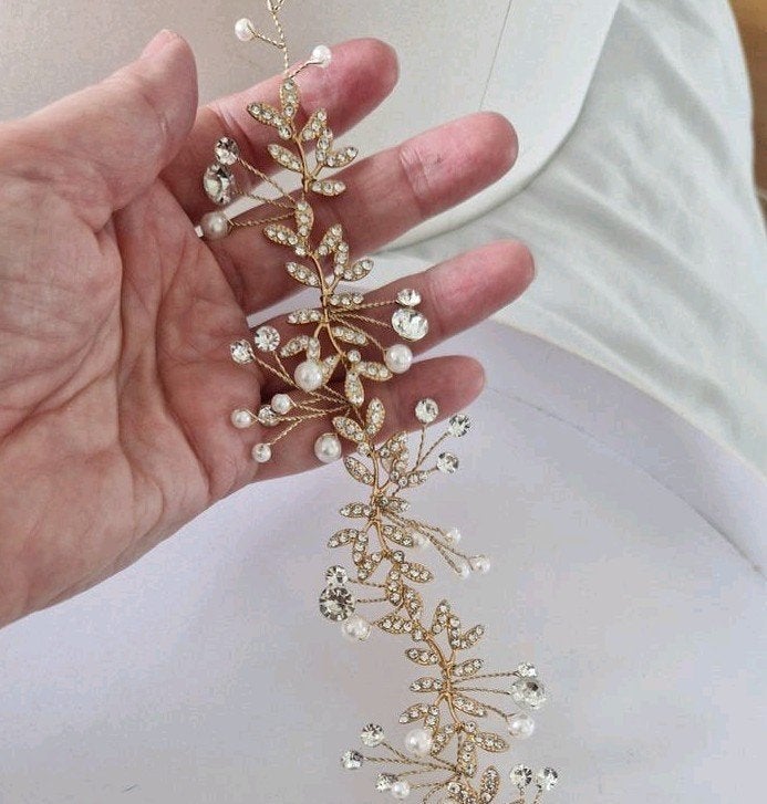 Bruids haarband/riem met parels en kristallen - Goudkleurig, Ophalen of Verzenden, Nieuw, Goud, Accessoires