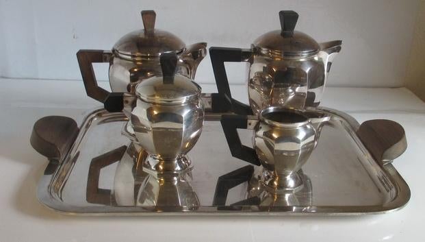 art deco verzilverd koffieservies chocoladekan kubistisch, Verzenden