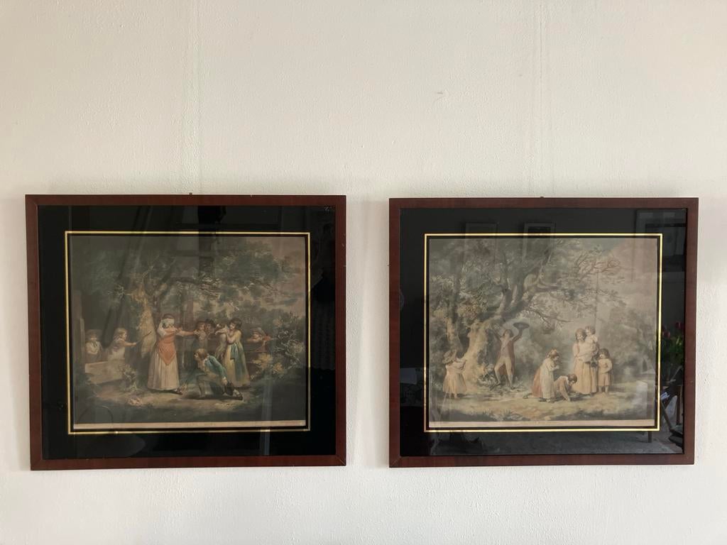 Twee ingelijste prints van G. Morland: Blind Man's Buff en C, Antiek en Kunst, Ophalen